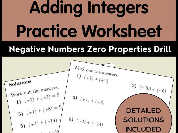 Adding Integers Practice Worksheet | Negative Numbers Zero Properties Drill