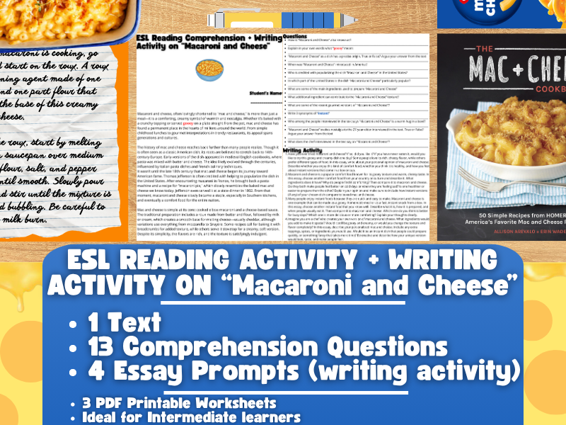 ESL Reading Comprehension   Writing Activity Worksheets on quot Macaroni