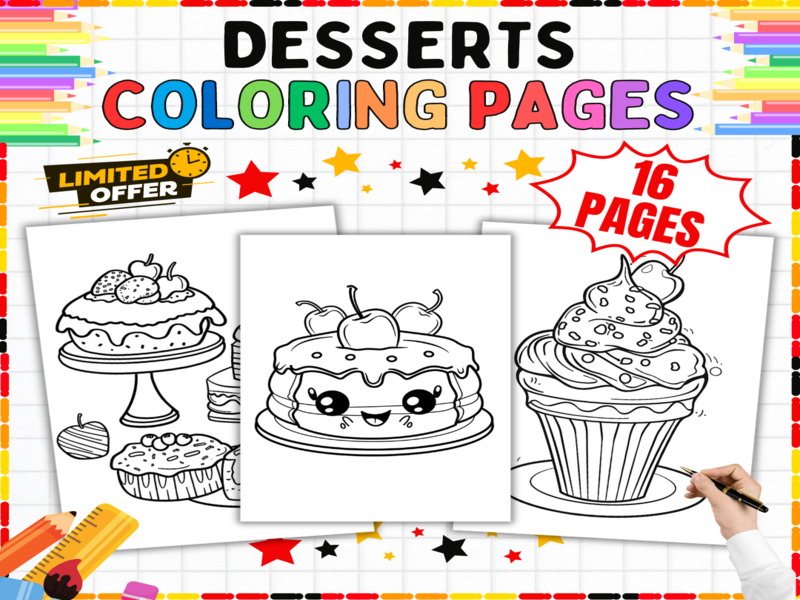 Desserts Colouring Sheets | 16 Sweet Treats Colouring Pages for Kids | Cakes & Cupcakes Activities