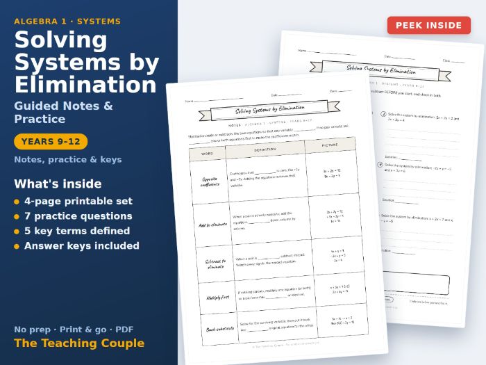 Solving Systems by Elimination Guided Notes & Practice + Answer Keys