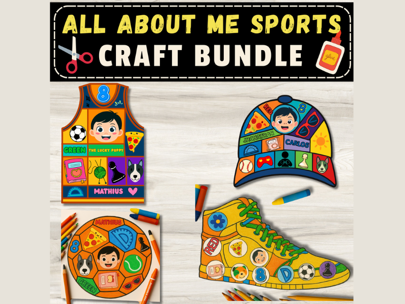 All About Me Sports Craft Bundle: Soccer Ball, Sneaker, Baseball Cap, Basketball