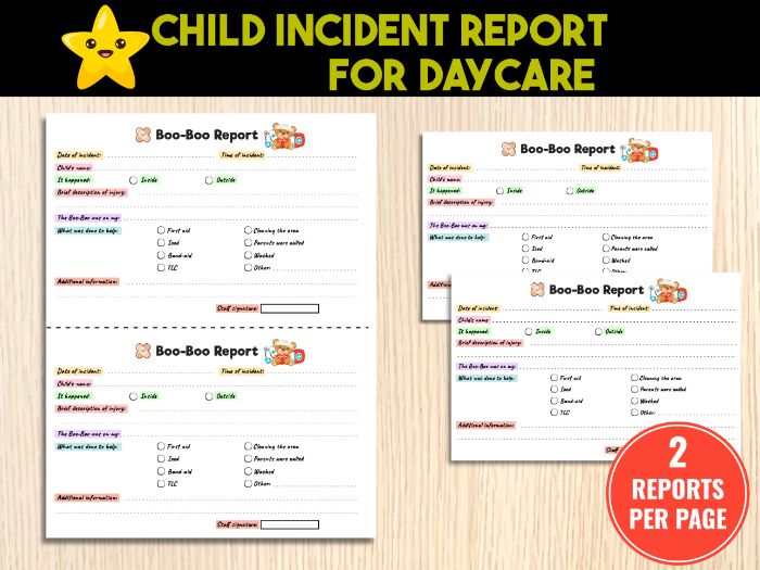 Ouch Report Form | Child Accident/Incident/Injury Report for Daycare, Childcare
