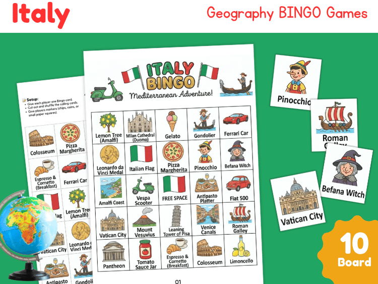 Italy Geography Bingo Game | Country Study Printable Activity