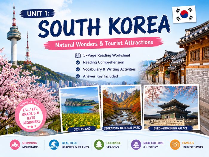 South Korea Reading Worksheets | Natural Wonders & Tourist Attractions | No Prep