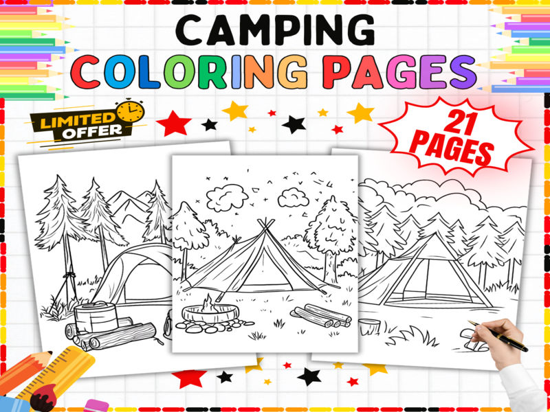 21 Camping Colouring Pages | Outdoor Adventure Art Activities | Tent Campfire Forest Printables