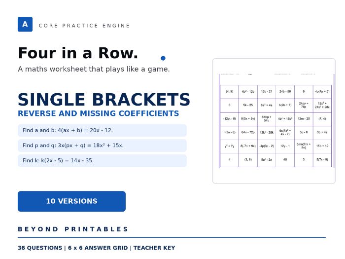 Single Brackets Four in a Row | Reverse and missing coefficients | Level 33 | 10 Maths Games