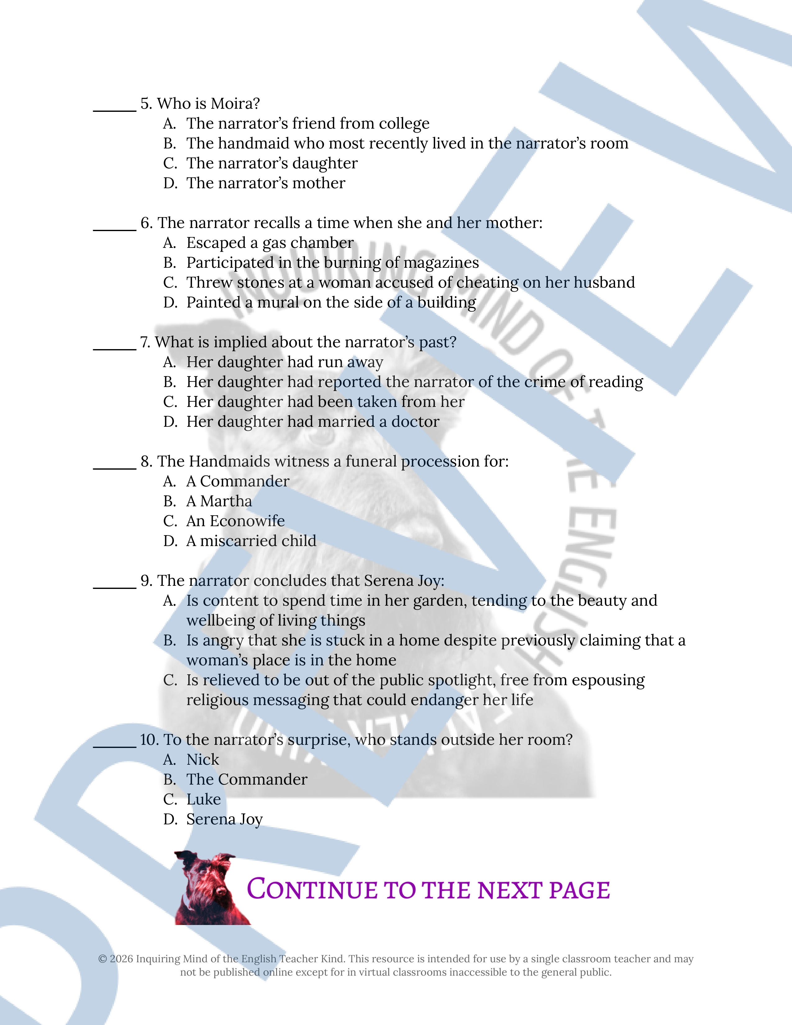 The Handmaid's Tale Chapters 6, 7, 8, 9, 10, and 11 Quiz and Answer Key ...