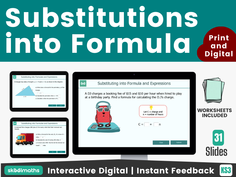 Substitution into Formulae and Expressions KS3 Maths Interactive Digital Lesson