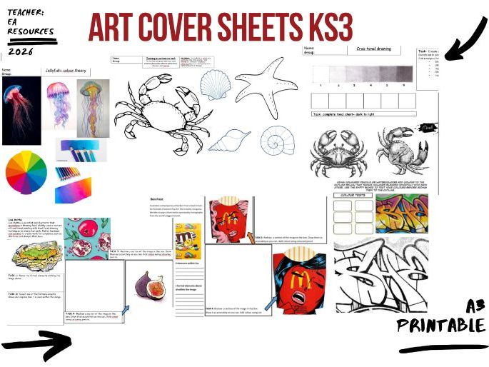 Art Cover Lesson Resources Bank KS3 (Printable A3 Double - Sided Sheets)