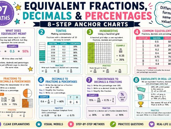 Equivalent Fractions, Decimals and Percentages P7 Anchor Charts