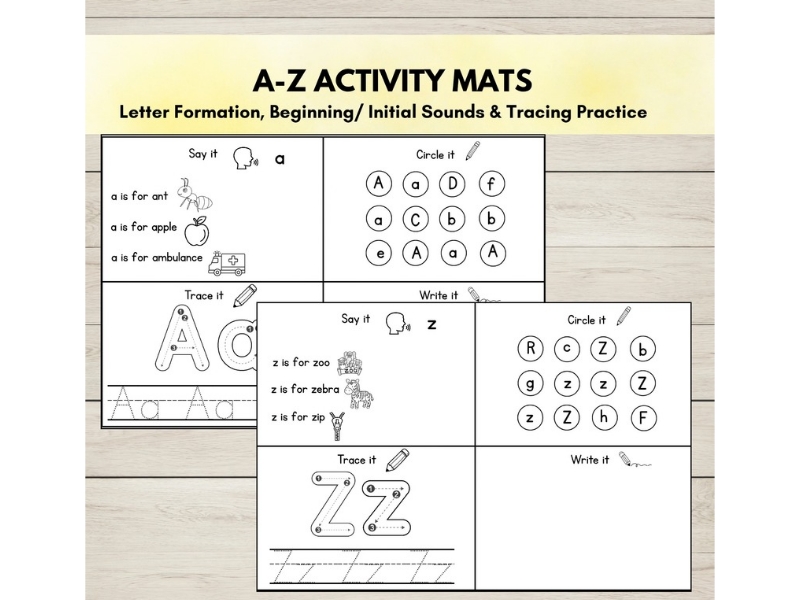 A-Z Activity Mats | Letter Formation, Initial Sounds, Tracing & Writing Practice