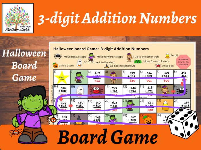 Addition 3 Digits with Regrouping Halloween Board Dice Game