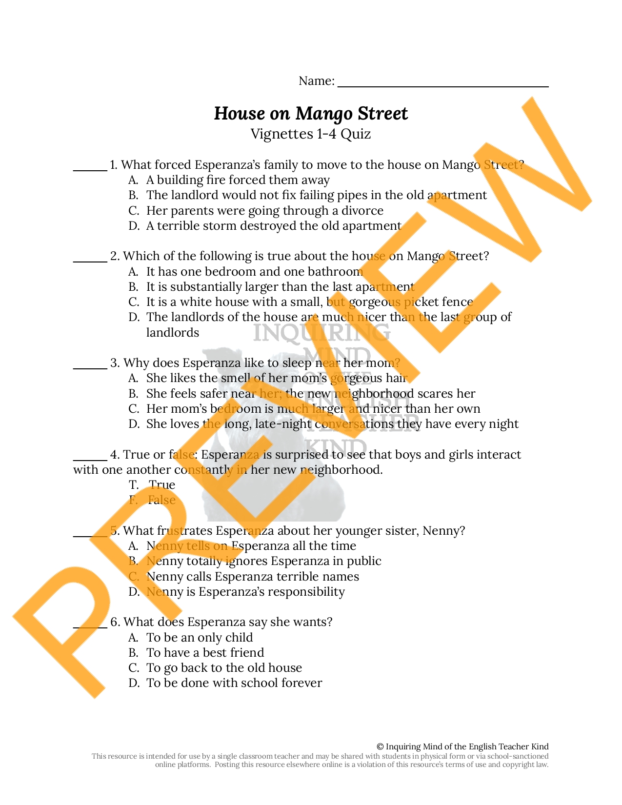 House on Mango Street Quiz on 14 Teaching Resources