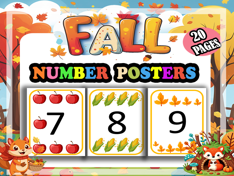 Autumn / Fall Numbers 1-20 Posters Math Flash Cards for EYFS / Nursery / Reception