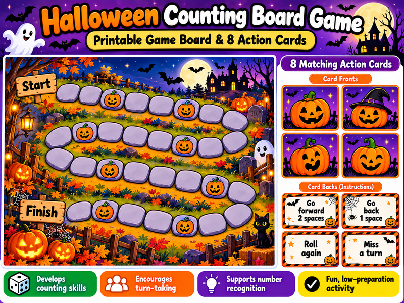 Halloween Counting Board Game | SEND, EYFS & KS1 Maths | Pumpkin Action Cards