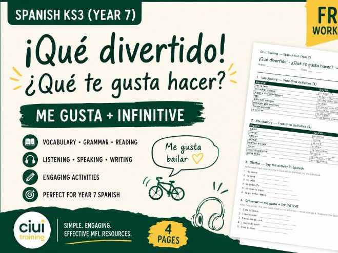 Spanish KS3 Free Worksheet | Free Time Activities | Me Gusta + Infinitive | Year 7 Spanish