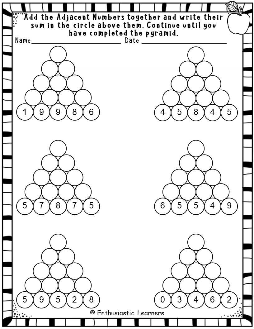 Single Digit Addition Pyramid (5 Rows) Worksheets Beginner Level Math