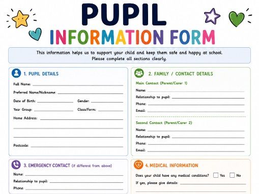 Pupil Information Form Template | Parent & Carer Information Sheet | KS1 & KS2
