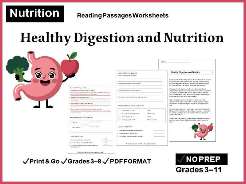 Healthy Digestion and Nutrition Reading Comprehension Passages & Questions Worksheets