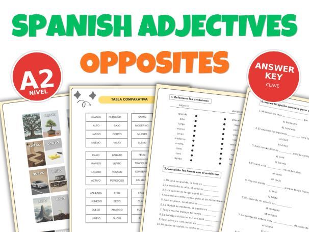 A2 Spanish Adjectives Opposites Worksheets | Antonyms Activities in Spanish 1-2