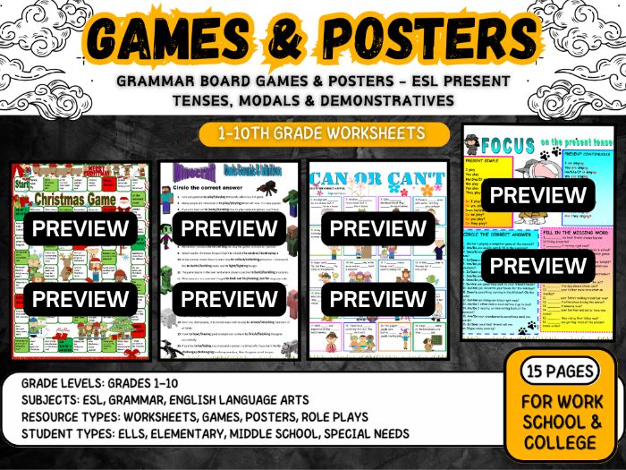 Grammar Board Games & Posters ESL Present Tenses, Modals Demonstratives