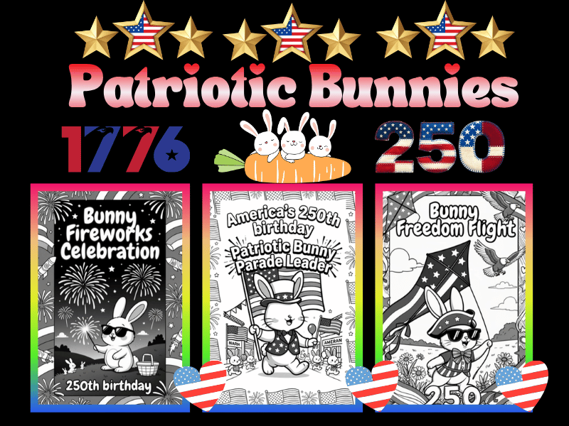 America 250 NO PREP Cute Patriotic Bunnies Coloring Pages for Kids: 4th of July