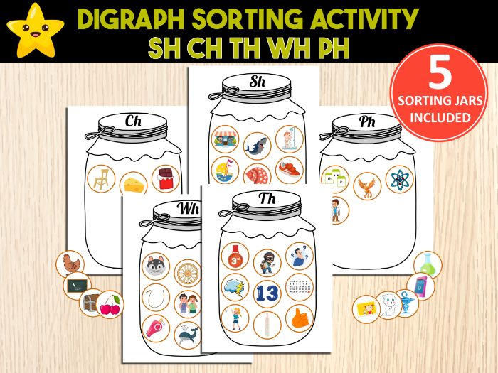 Digraph Sorting Activity Jars | Initial Consonant Digraphs Ch Sh Th Wh Ph