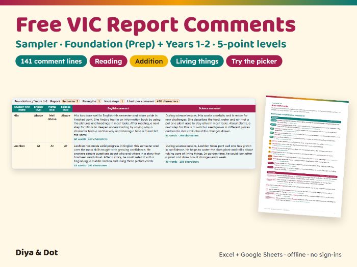 FREE VIC Report Comments Foundation-Yr 2