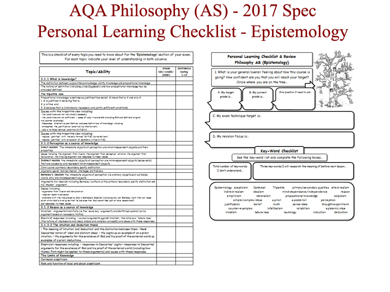 Epistemology - AS-level AQA Philosophy (2017 spec onwards) PERSONAL LEARNING CHECKLIST Worksheet