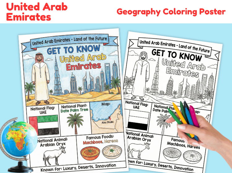 United Arab Emirates Geography Coloring Poster | UAE Country Facts