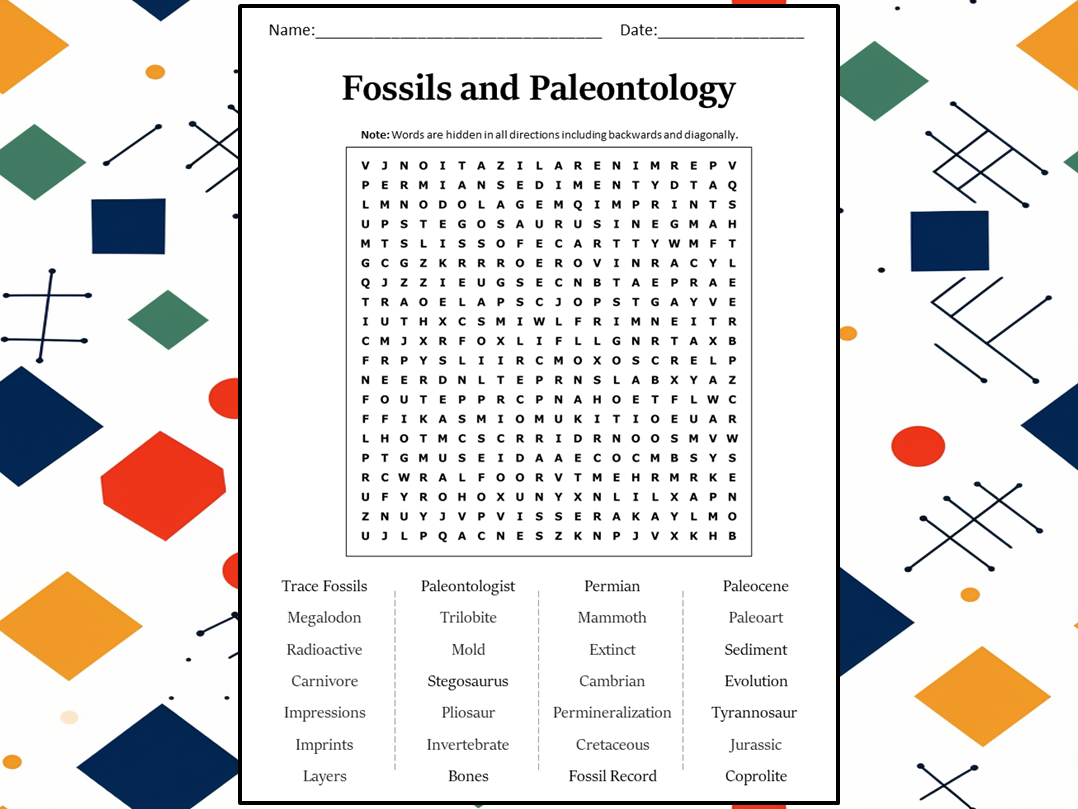 Fossils and Paleontology Word Search Puzzle Worksheet Activity