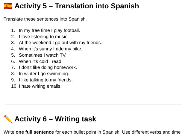 KS3  Y8 SP Town + Free time worksheet