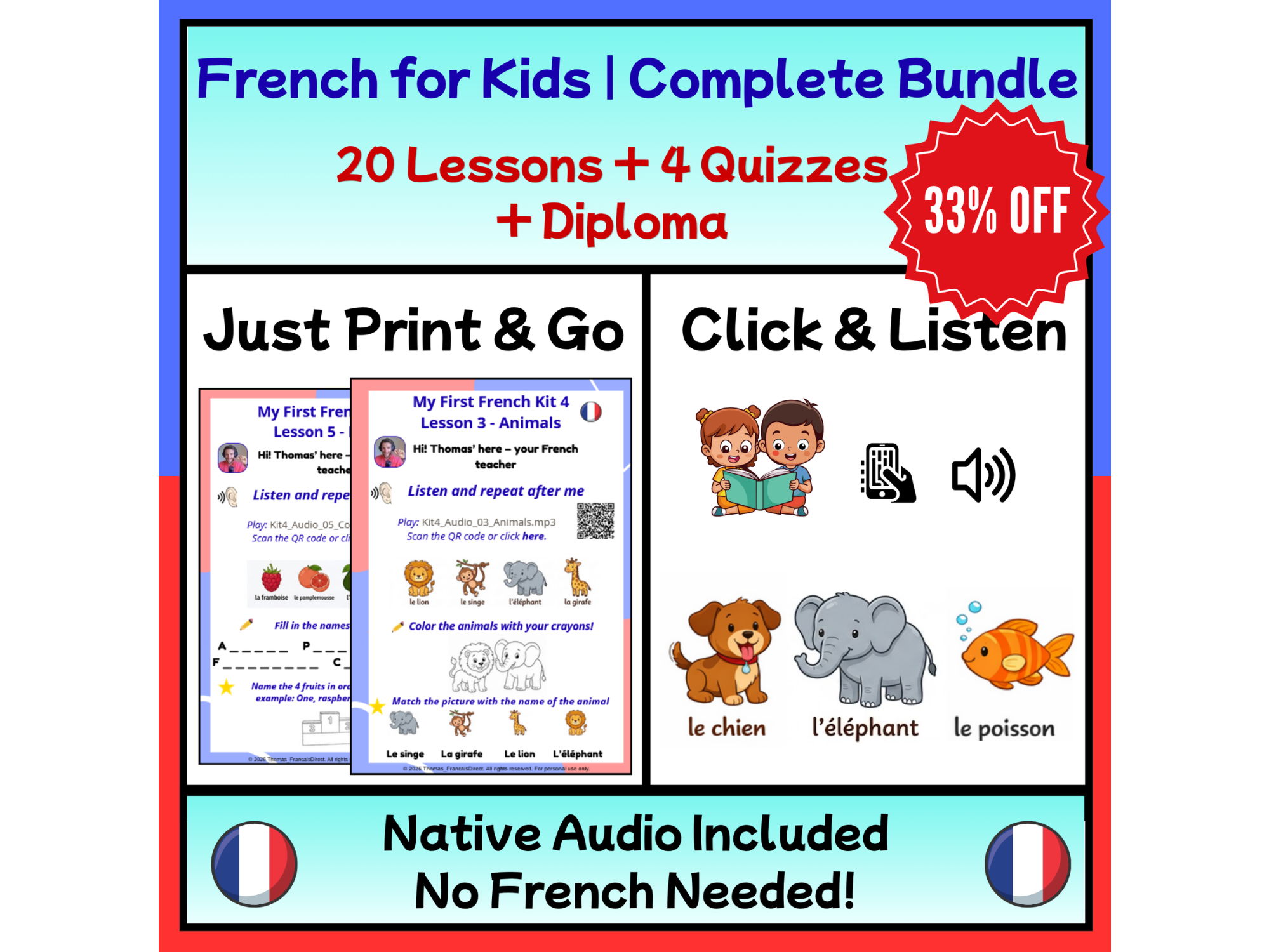 French for Kids: 20 Audio Lessons + Worksheets | Beginner Bundle | Sets 1–4