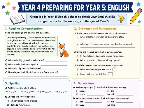 Year 4 to Year 5 English Transition Worksheet | End of Year Grammar, Reading & Writing Revision |