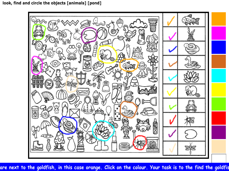 look, find and circle the objects [animals] [pond]