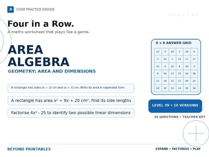 Area Algebra Four in a Row : Level 39 | 10 Maths Games
