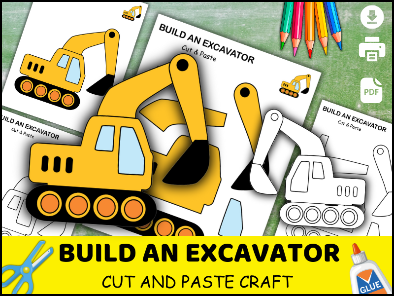Excavator Craft for Kids, Construction Vehicle Cut and Paste Activity, Preschool Coloring Worksheet