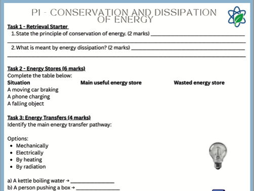 P1/Conservation&Dissipation of Energy Topic/Revision/With Answers/GCSE/AQA/Combined Science/Physics