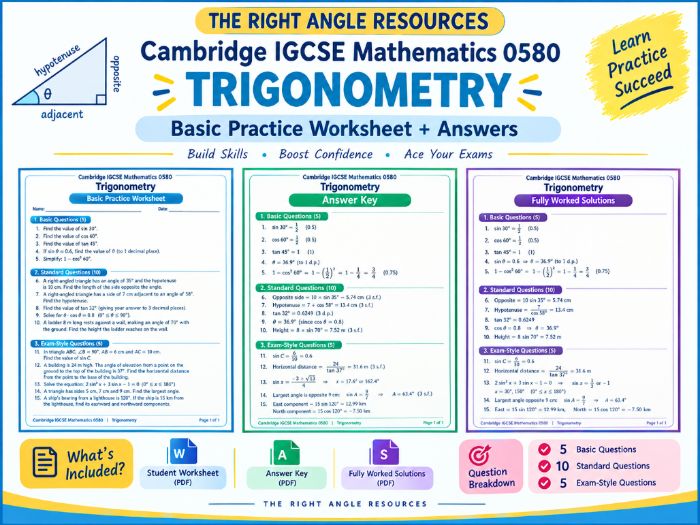 BASIC TRIGONOMETRY WORKSHEETS | IGCSE 0580 | SOH CAH TOA | EXAM-STYLE PRACTICE