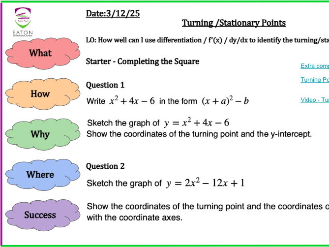 Using Differentiation to Find Turning / Stationary Points
