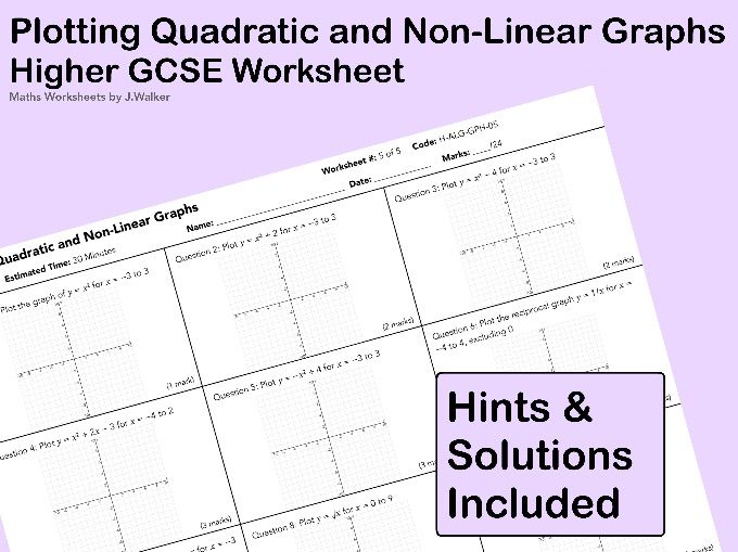 GCSE Maths Worksheet: Plotting Quadratic and Non-Linear Graphs- Higher Tier