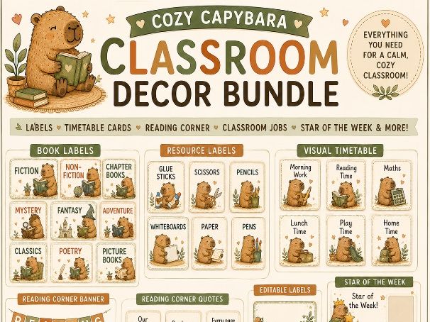 Capybara Classroom Decor Bundle | Cozy Neutral Labels, Timetable Cards (Digital Download)