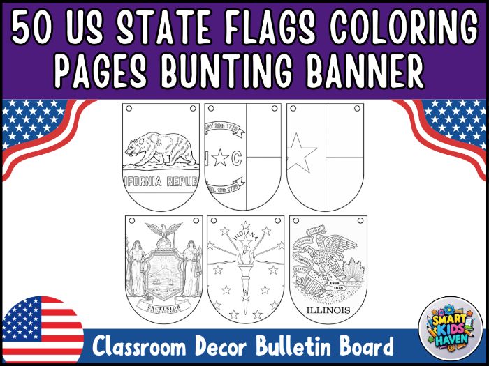US State Flags Coloring Pages All 50 States Bunting Banner USA Geography Set 6
