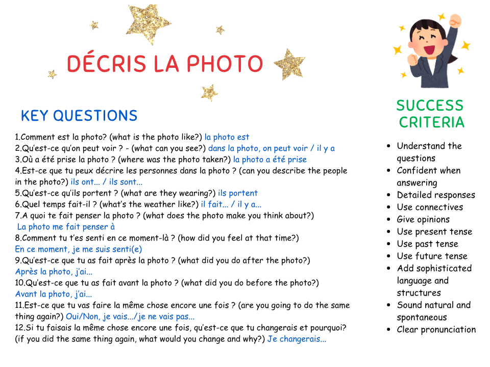 Describing a photo IGCSE French mat - questions and success criteria