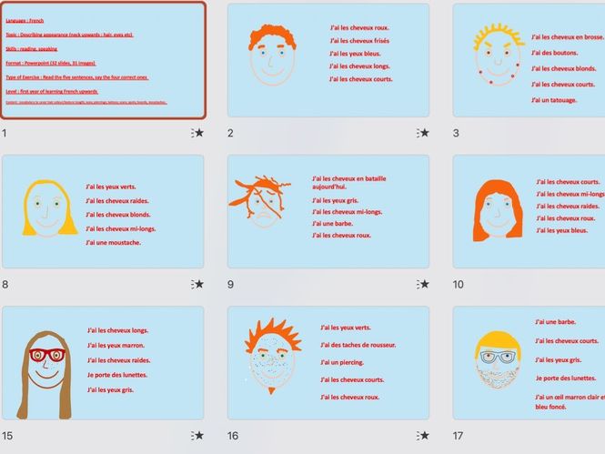 French, appearance (hair & eyes), powerpoint, with answers, first year upwards.