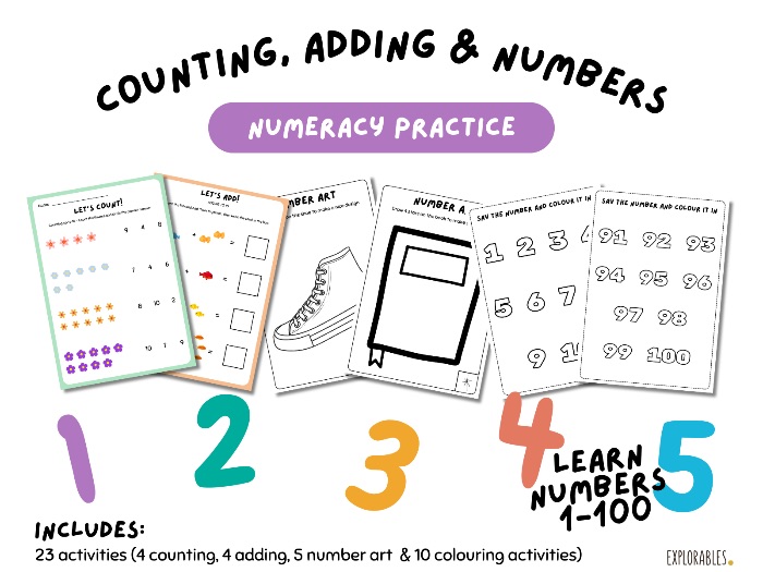 Counting, Adding & Number Recognition Numeracy Practice Number Art Kids Mathematics Maths Toddler