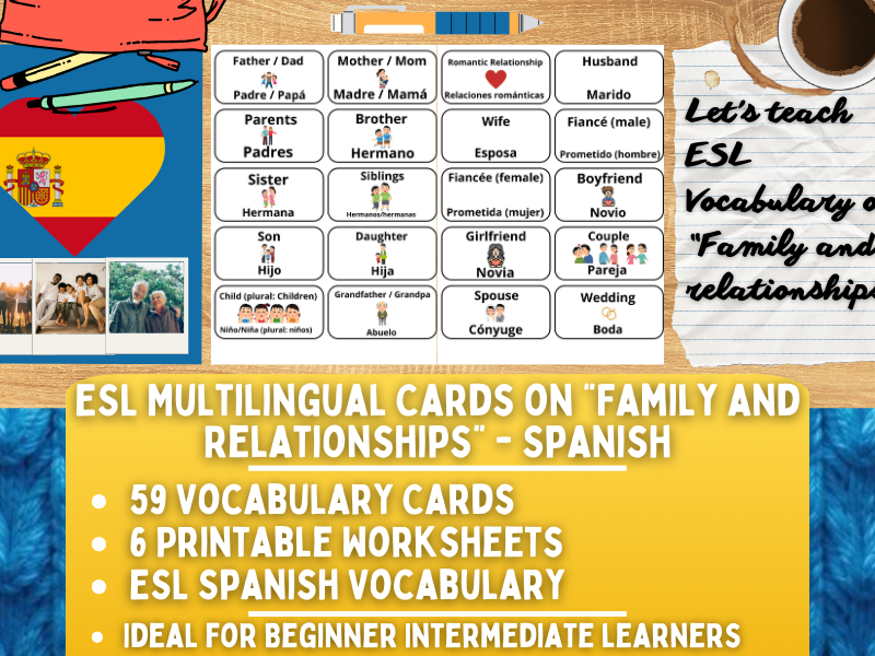 ESL Multilingual Vocabulary Flashcards on "Family and Relationships" - Spanish