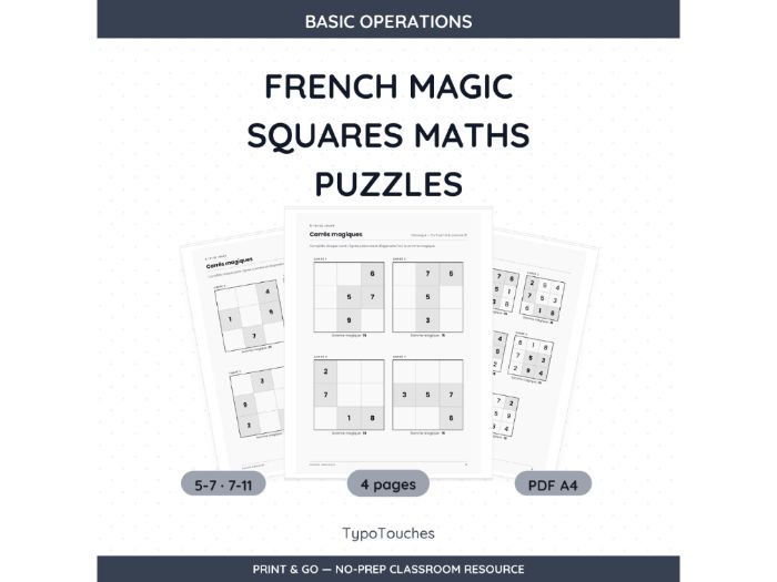 French Magic Squares Maths Puzzles | 4 Sheets