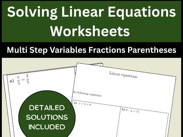 Solving Linear Equations Worksheets Multi Step Variables Fractions Parentheses