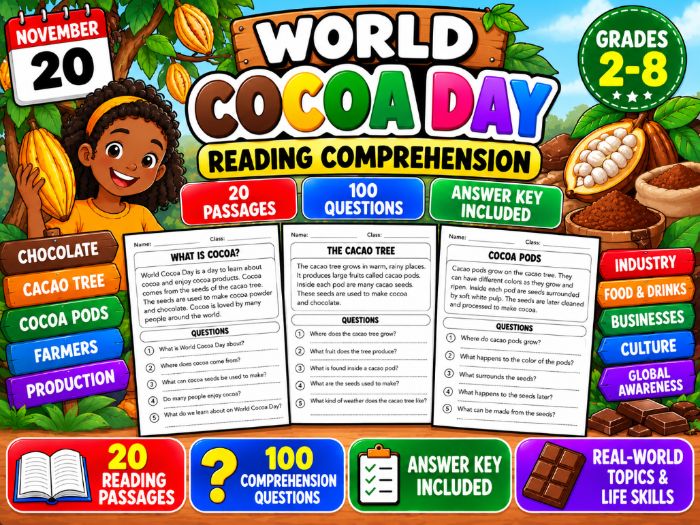 World Cocoa Day Reading Comprehension | 20 Passages, 100 Questions & Answer Key